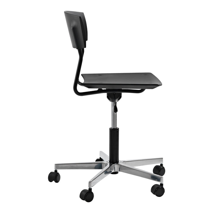 Black ergonomic office chair with a sleek chrome base, featuring a minimalist design and smooth, modern lines.