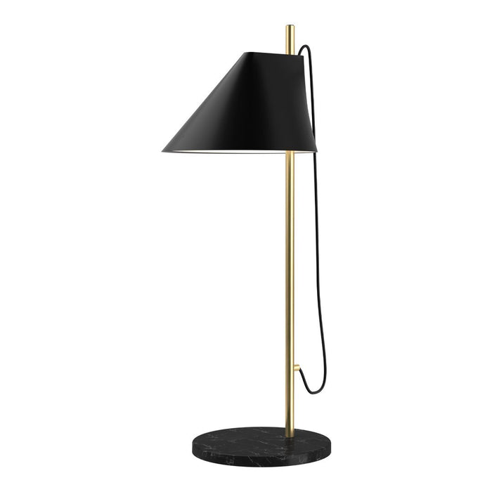 Black lampshade with a sleek gold stand on a round black marble base, combining modern elegance and minimalism.