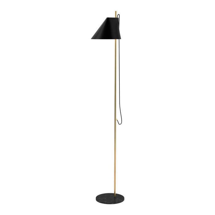 Black and gold floor lamp with a sleek, minimalist design and geometric patterns. Ideal for modern decor.