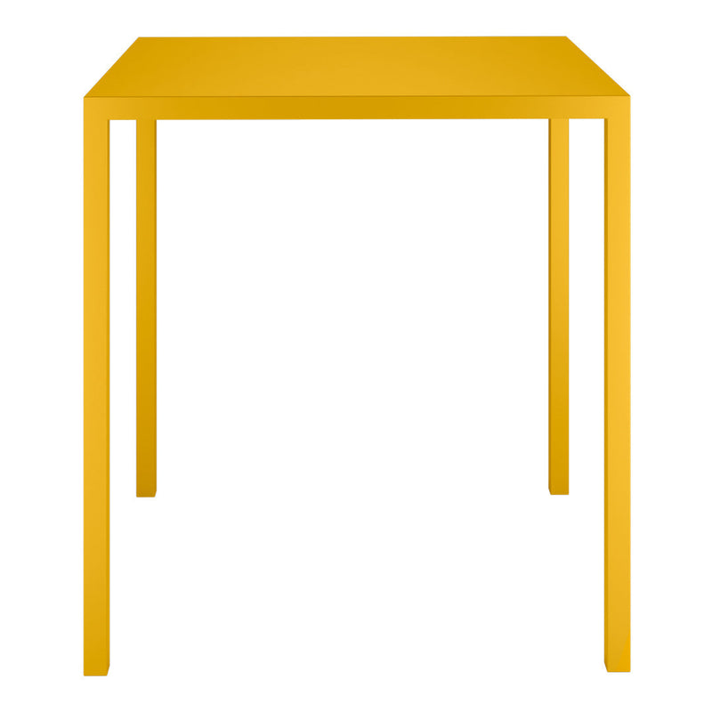 Bright yellow square table with a sleek, minimalist design and smooth surface. Perfect for modern decor.