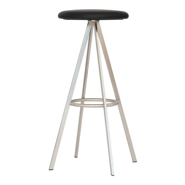 "Black padded stool with sleek silver tripod legs, showcasing a modern and minimalistic design."