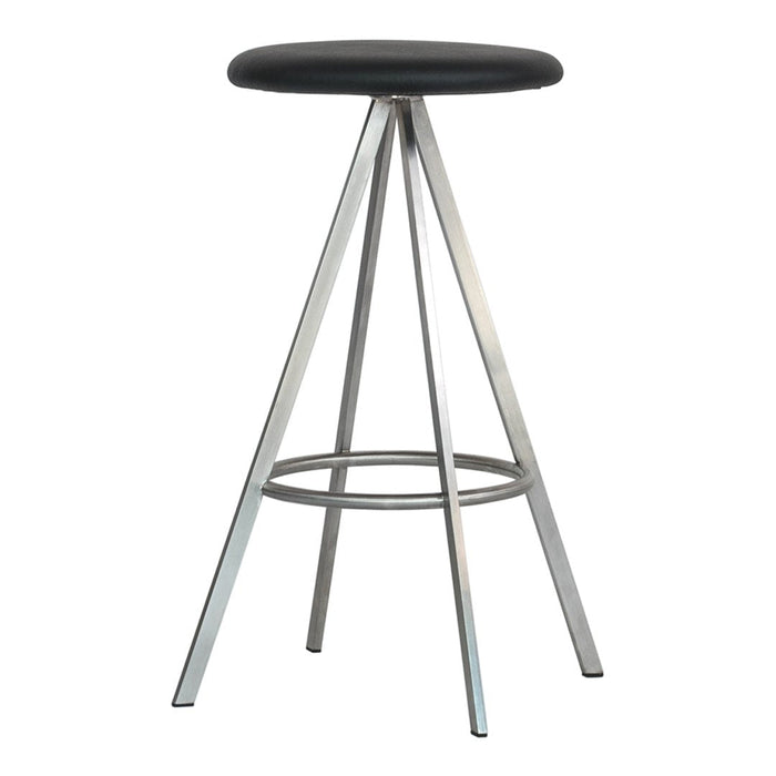 Black padded seat with a sleek silver metal base, featuring a minimalist triangular leg design. Perfect for modern spaces.