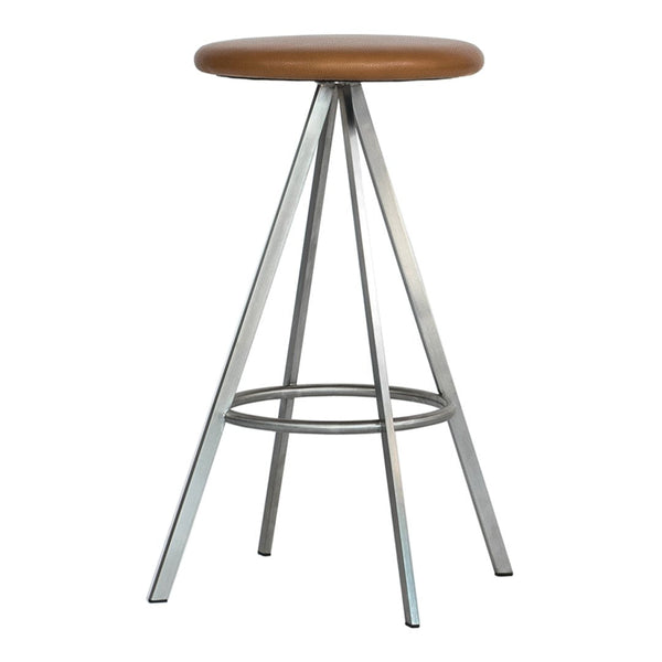 Brown leather seat on a sleek, silver metal frame with a minimalist design. Ideal for modern interiors.