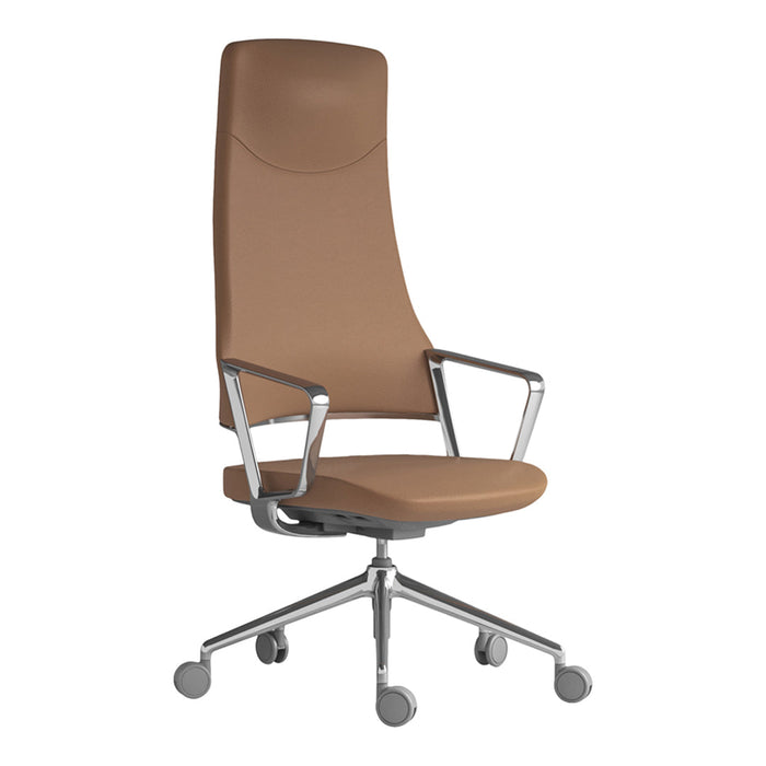 Tan high-back office chair with smooth upholstery and metallic armrests, perfect for modern workspaces.