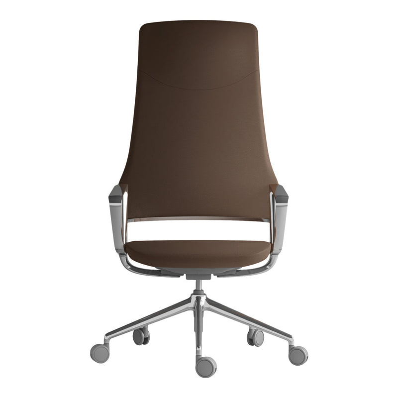Sleek high-back office chair in rich brown with a smooth, minimalist design and silver accents. Perfect for modern workspaces.