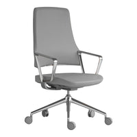 Modern gray office chair with a sleek design and chrome accents. Ideal for contemporary workspaces.