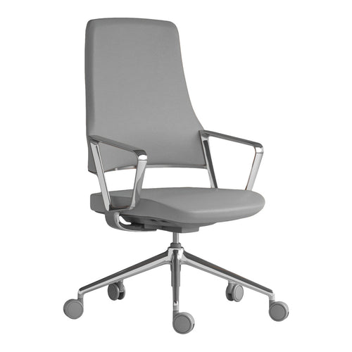 Modern gray office chair with a sleek design and chrome accents. Ideal for contemporary workspaces.