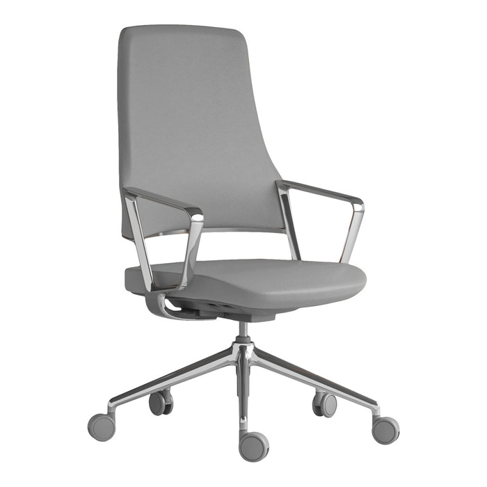 Modern gray office chair with a sleek design and chrome accents. Ideal for contemporary workspaces.