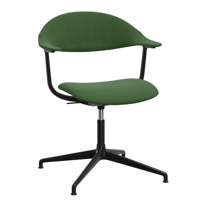 Green upholstered chair with a smooth texture, featuring a sleek black metal base and minimalist design.