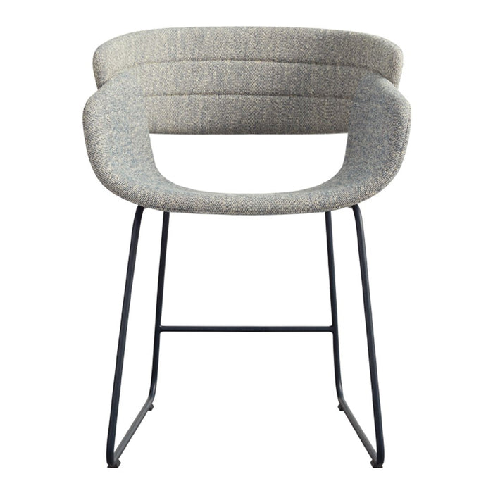 Gray upholstered chair with textured pattern and sleek black metal legs. Modern design for versatile decor.