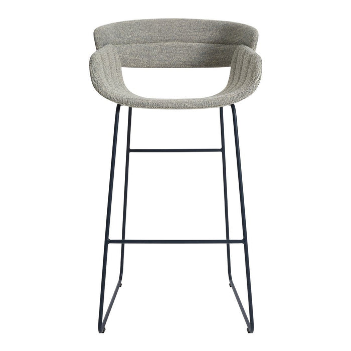 Gray upholstered bar stool with a modern ribbed pattern and sleek black metal frame. Perfect for contemporary spaces.