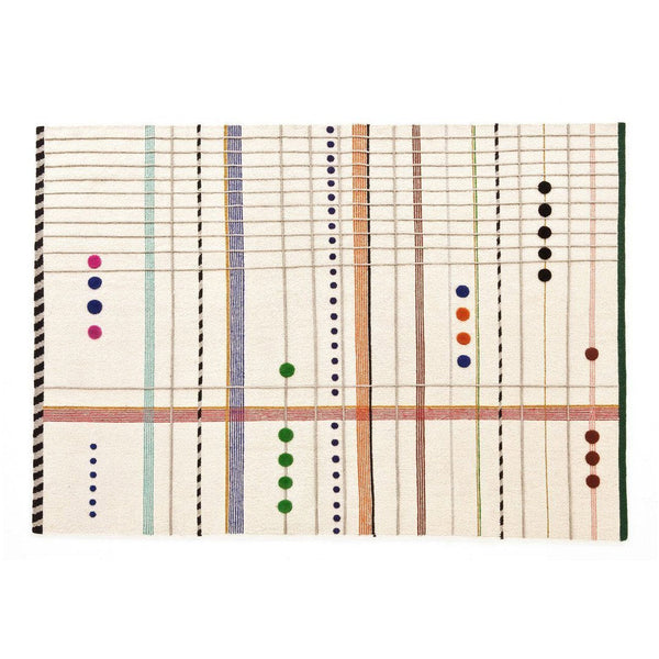 Colorful geometric rug featuring multicolored dots and striped patterns on a cream background.