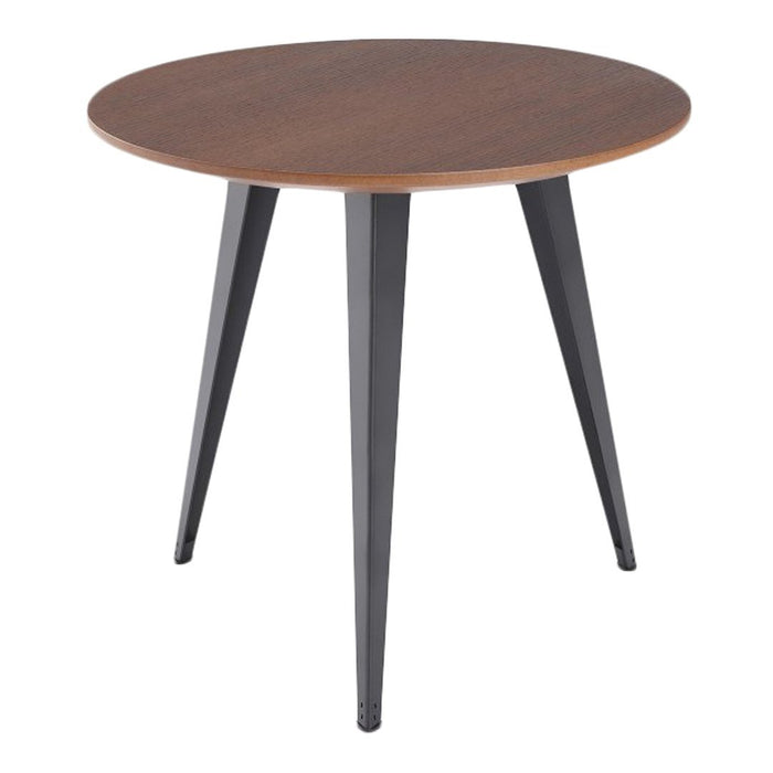 Round wooden table with a rich brown top and sleek black legs, featuring a modern minimalist design.