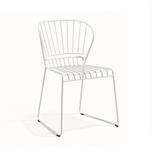 White metal chair with a sleek, minimalist design featuring a striped backrest and smooth legs. Ideal for modern decor.