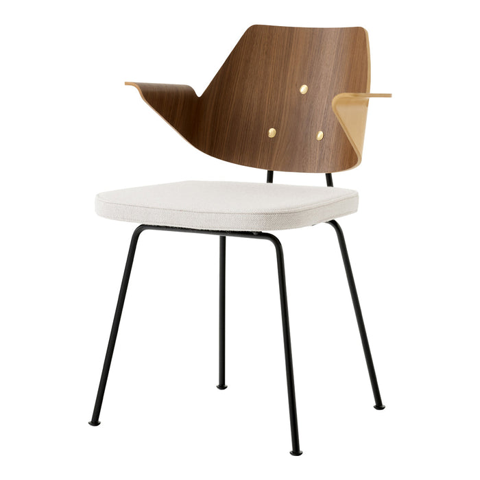 Stylish chair featuring a walnut backrest, a white seat, and sleek black legs for a modern, minimalist look.