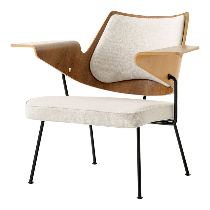Wooden chair with light beige upholstery and black metal legs, featuring a sleek, modern design and natural wood grain patterns.