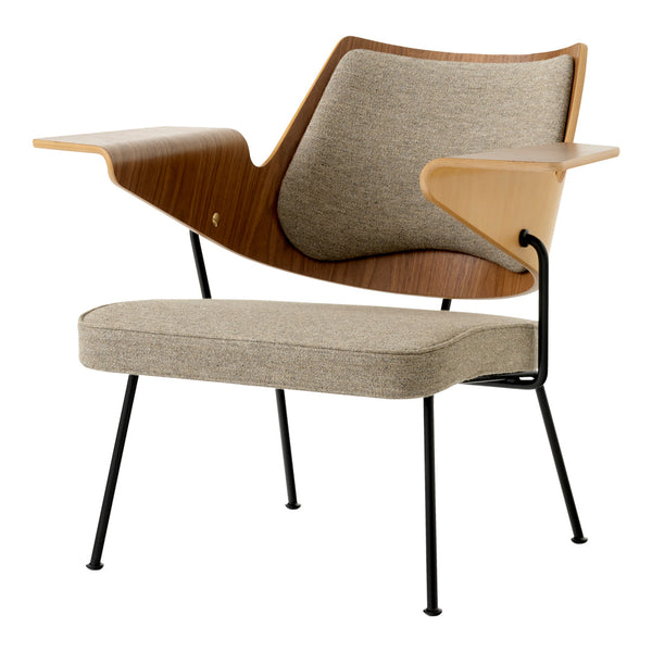 Mid-century modern chair featuring a warm brown wood frame, soft beige upholstery, and sleek black legs.