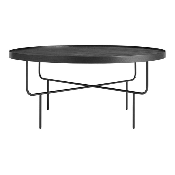 Round black coffee table with a sleek matte finish and modern metal frame. Perfect for contemporary decor.