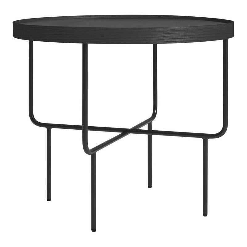 Black round side table with a smooth surface and minimalist metal legs. Ideal for modern decor.