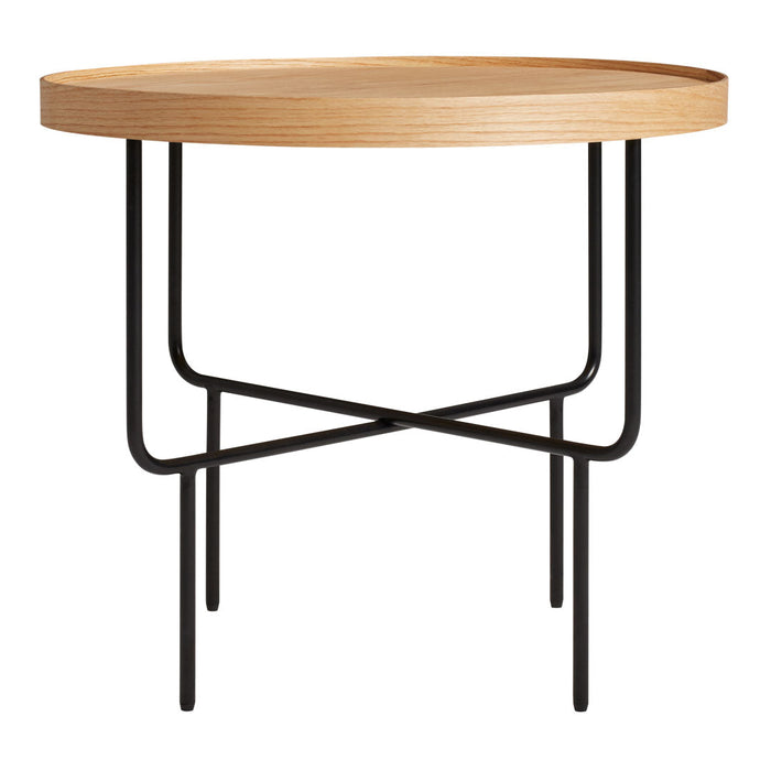 Round wooden table with a light oak finish and sleek black metal legs, showcasing a modern minimalist design.