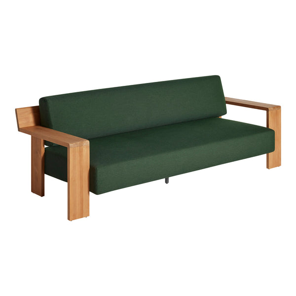 Green fabric sofa with wooden armrests, featuring a simple, modern design. Perfect for contemporary interiors.