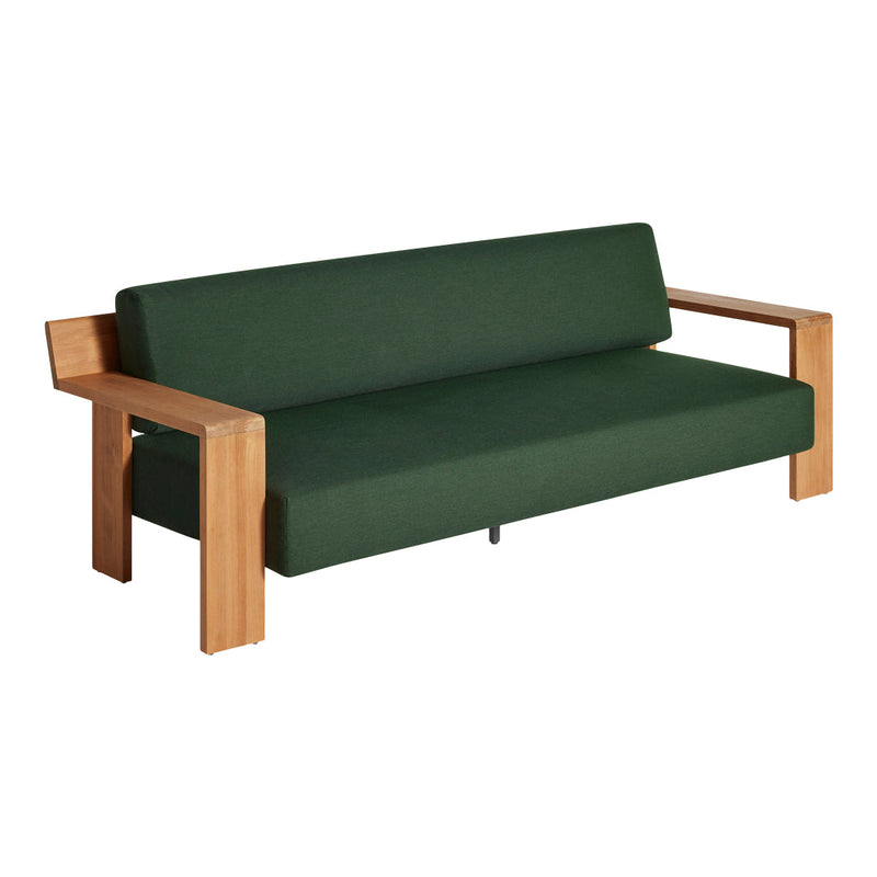 Green fabric sofa with wooden armrests, featuring a simple, modern design. Perfect for contemporary interiors.