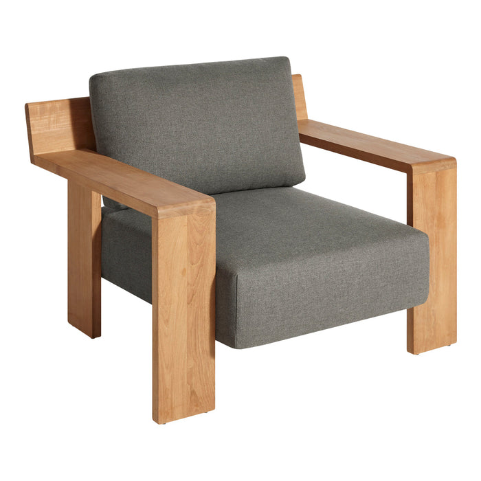 Gray upholstery with minimalistic design and light wood armrests. Perfect for modern living spaces.