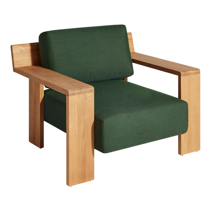 Green fabric armchair with wooden frame, featuring a modern, minimalist design. Perfect for stylish living spaces.