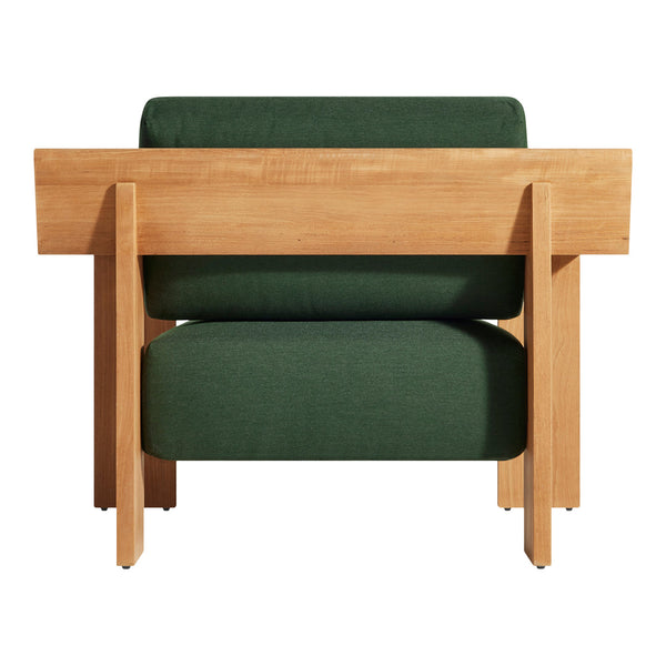 “Modern chair with a rich green fabric cushion and light wood frame, featuring clean lines and minimalist design.”