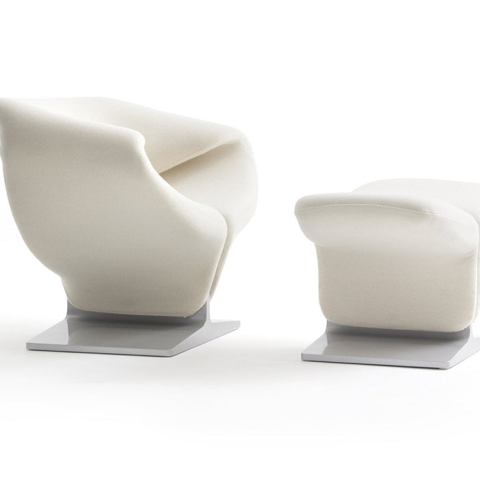 Sleek white armchair and footstool with smooth curves and a modern gray base. Perfect for minimalist decor.