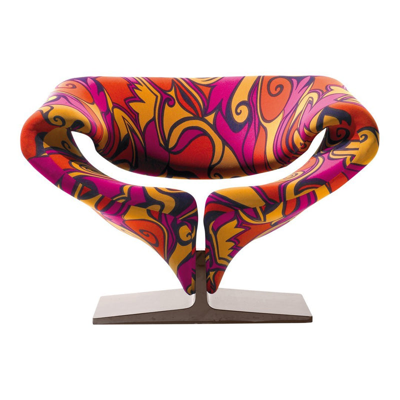 Colorful chair with vibrant orange, pink, purple, and swirling psychedelic patterns, set on a sleek metal base.