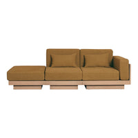 Brown upholstered sectional sofa with textured fabric and subtle block pattern, featuring minimalist wooden base.