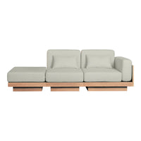 Light gray modern sofa with clean lines and a smooth fabric finish, featuring a minimalist wooden base.