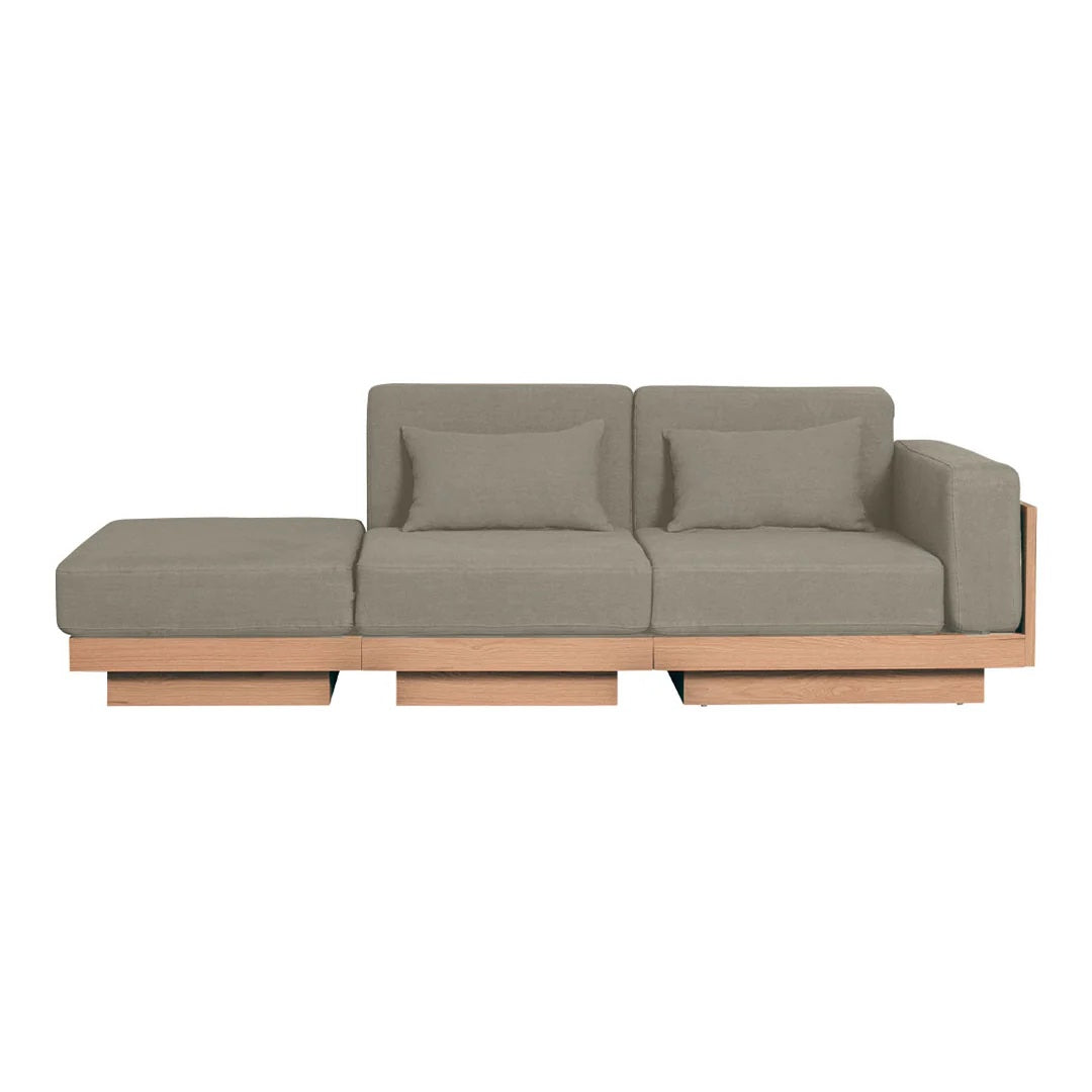 Gray fabric sofa with a minimalist wooden base, featuring clean lines and a modern design.