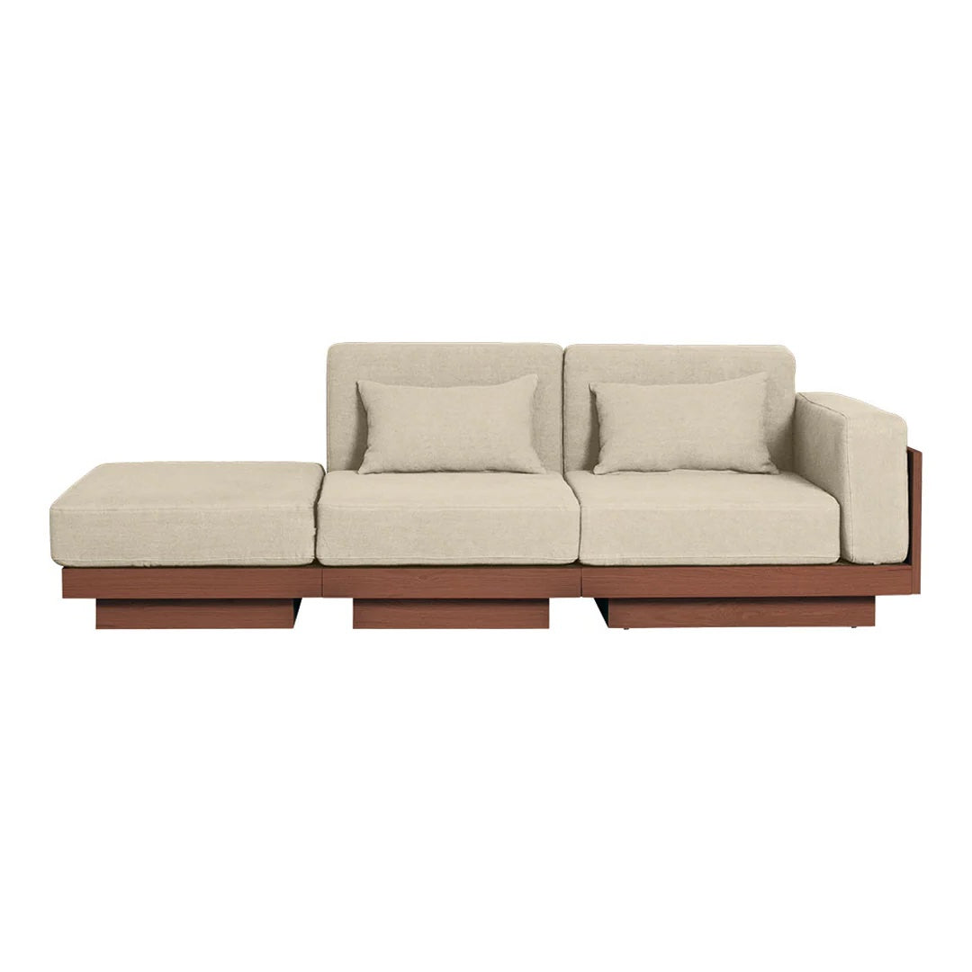 Beige fabric sectional sofa with a modern wood base and clean lines, featuring solid color cushions.