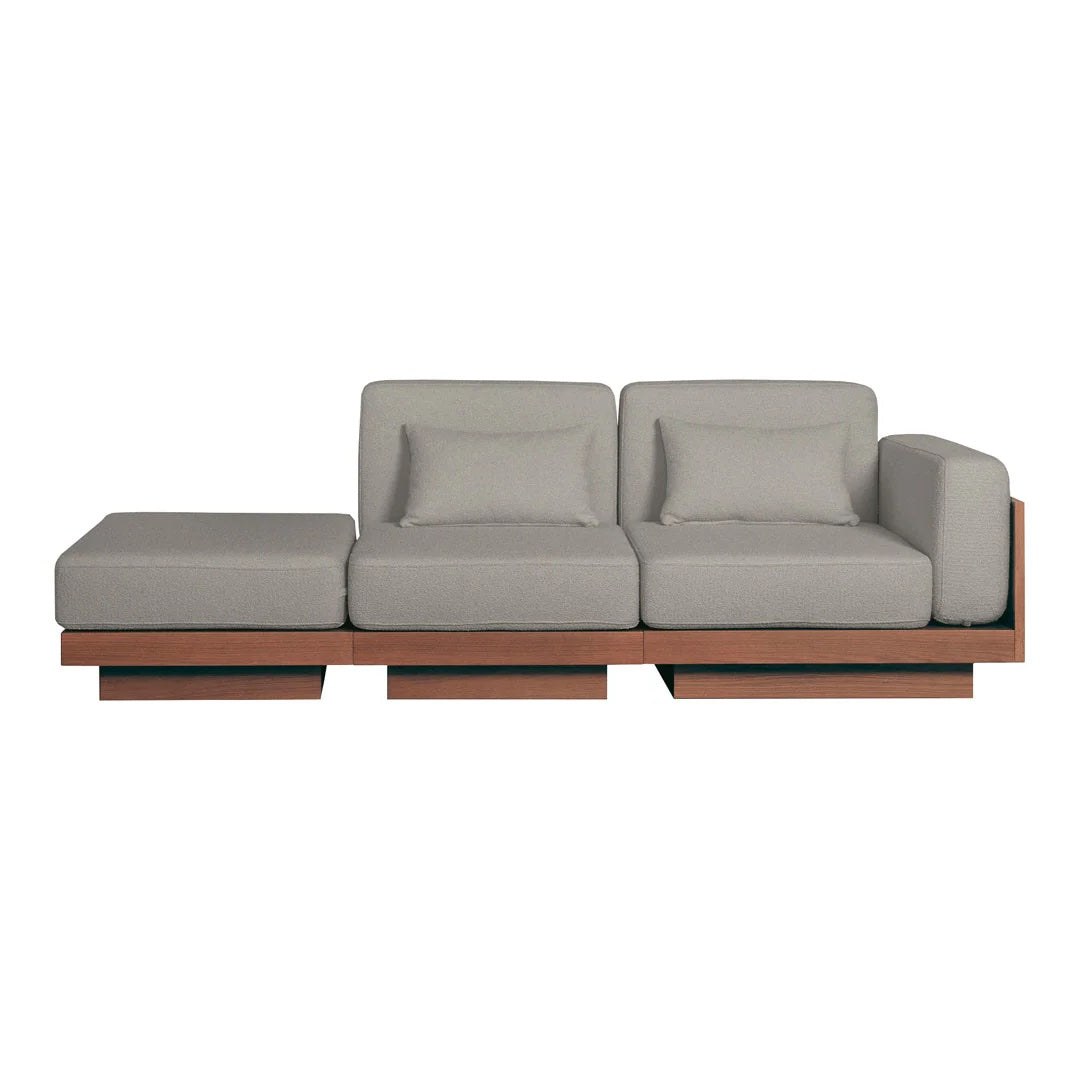 Gray fabric sofa with a modern wooden base, featuring clean lines and minimalistic design. Perfect for contemporary decor.