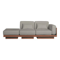 Gray fabric sofa with a modern wooden base, featuring clean lines and minimalistic design. Perfect for contemporary decor.
