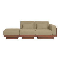 Beige fabric sectional sofa with a modern wooden base, featuring clean lines and minimalistic design.
