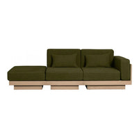 Olive green fabric sofa with a minimalist wooden base and clean, modern lines. Ideal for contemporary decor.