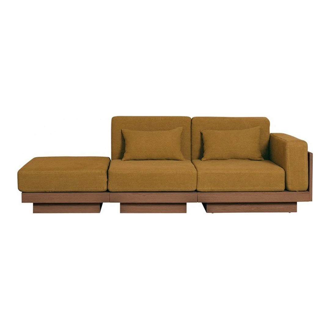 Modern sectional sofa in warm mustard yellow with a sleek geometric design and plush cushions. Ideal for stylish living rooms.