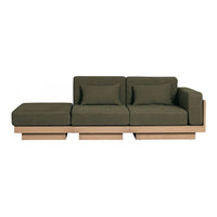 Olive green modern sofa with clean lines, featuring matching cushions and a natural wood base.