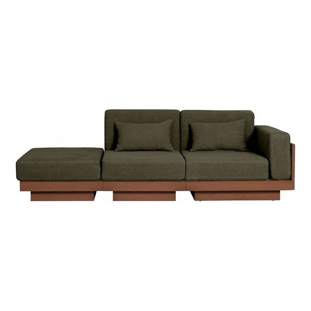Olive green sofa with a modern design and contrasting brown wooden base, featuring solid cushions for comfort.