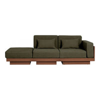 Olive green sofa with a modern design and contrasting brown wooden base, featuring solid cushions for comfort.