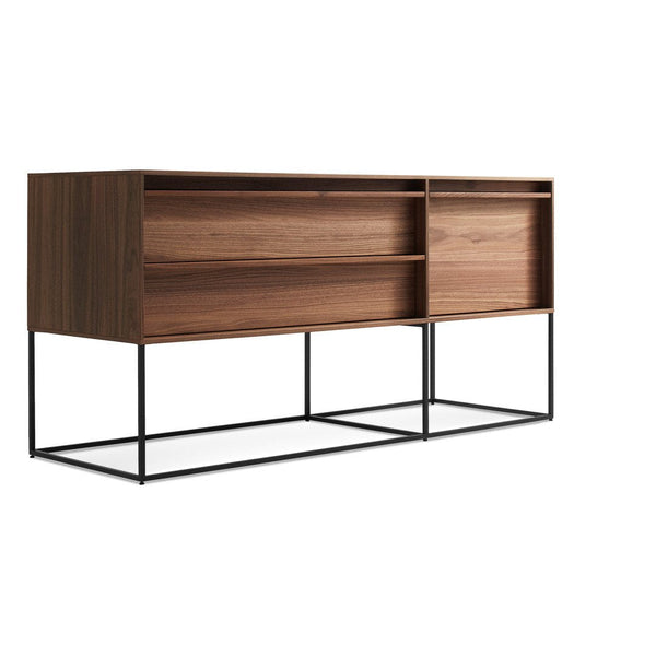 Walnut wood cabinet with sleek black metal legs and minimalist design, featuring open and closed storage options.