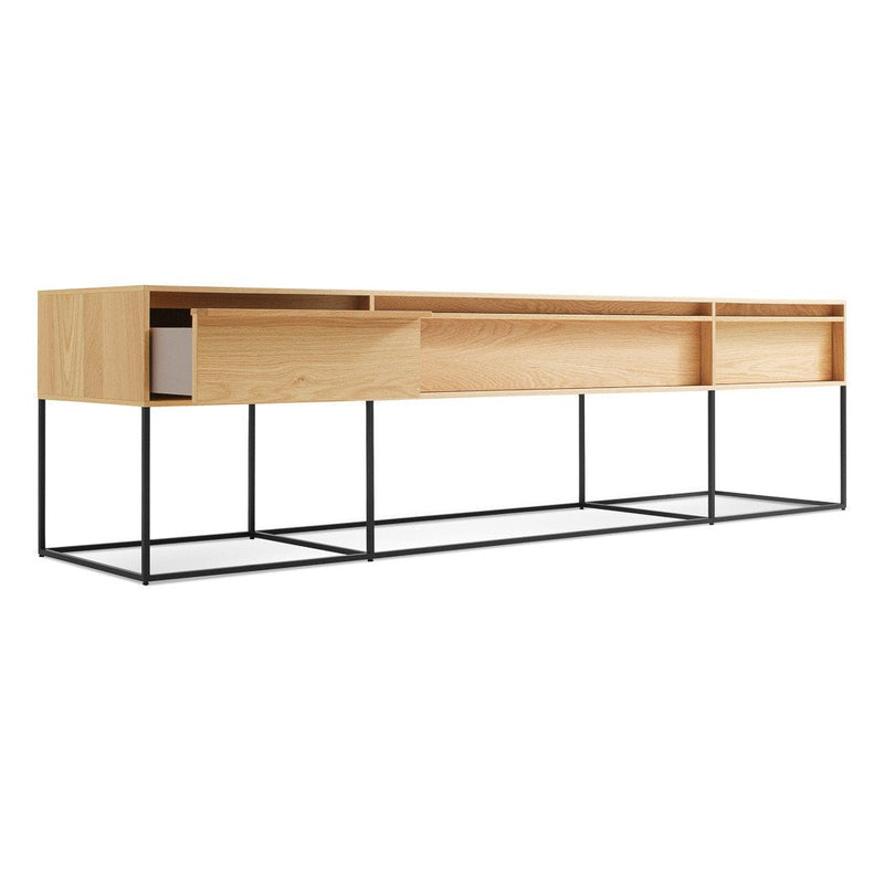 Light wood sideboard with a sleek black metal frame, featuring a minimalistic design and smooth surfaces.