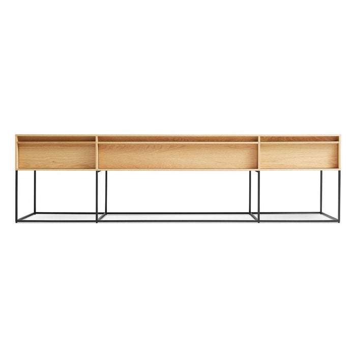 Natural wood grain finish with a sleek black metal frame, offering a minimalist and modern design.