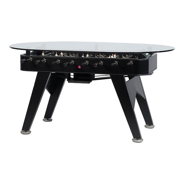 Black foosball table with a clear glass top and shiny silver accents, featuring a modern, sleek design.