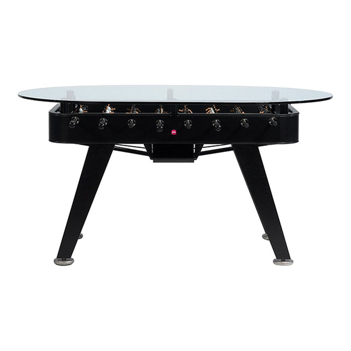 Black foosball table with oval glass top and sleek chrome accents for a modern look. Classic and stylish design.