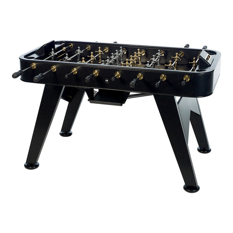 Black foosball table with shiny chrome and gold player figures, showcasing a sleek and modern design.