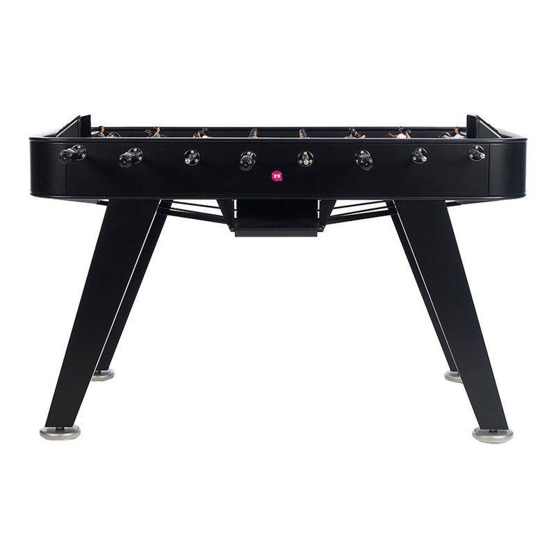 Sleek black foosball table with smooth edges and metallic accents, perfect for modern game rooms.